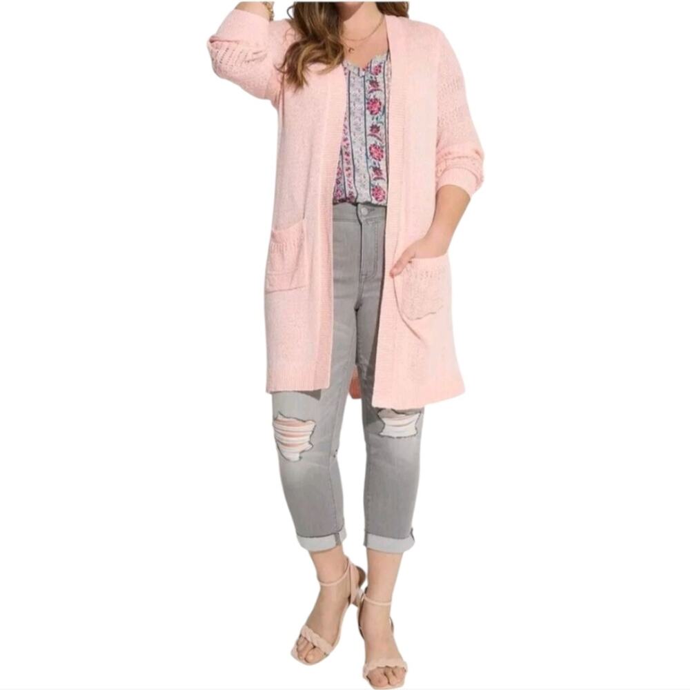 Torrid Women's PALE Pink CROCHETED Lantern Sleeve Cardigan Sweater Plus Size 1X